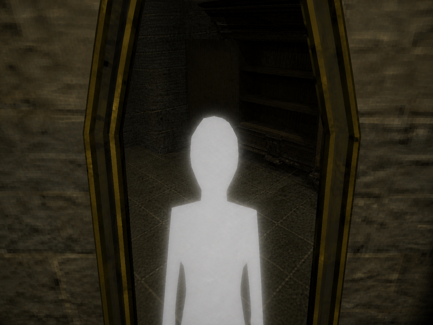 A close view into the pointed mirror, reflecting the room and a featureless white figure